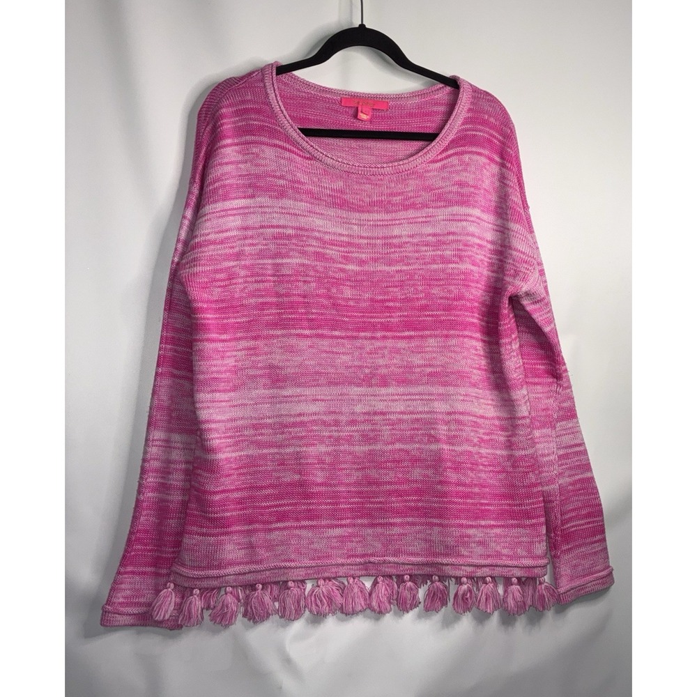 Lilly Pulitzer Sweater Size Large Knit Pink White Multi Stripe Jody Tassel Hem *